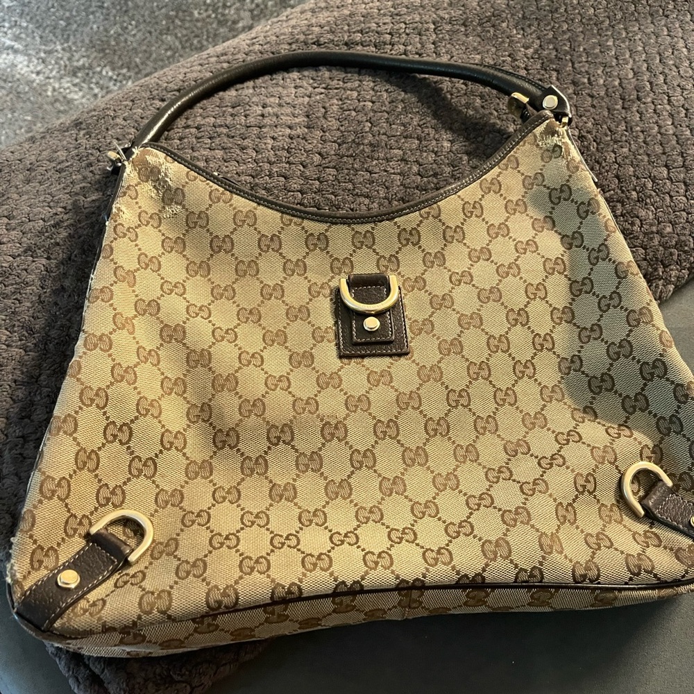 Authentic Gucci Brown GG Monogram Canvas Hobo with Dark Brown Trim